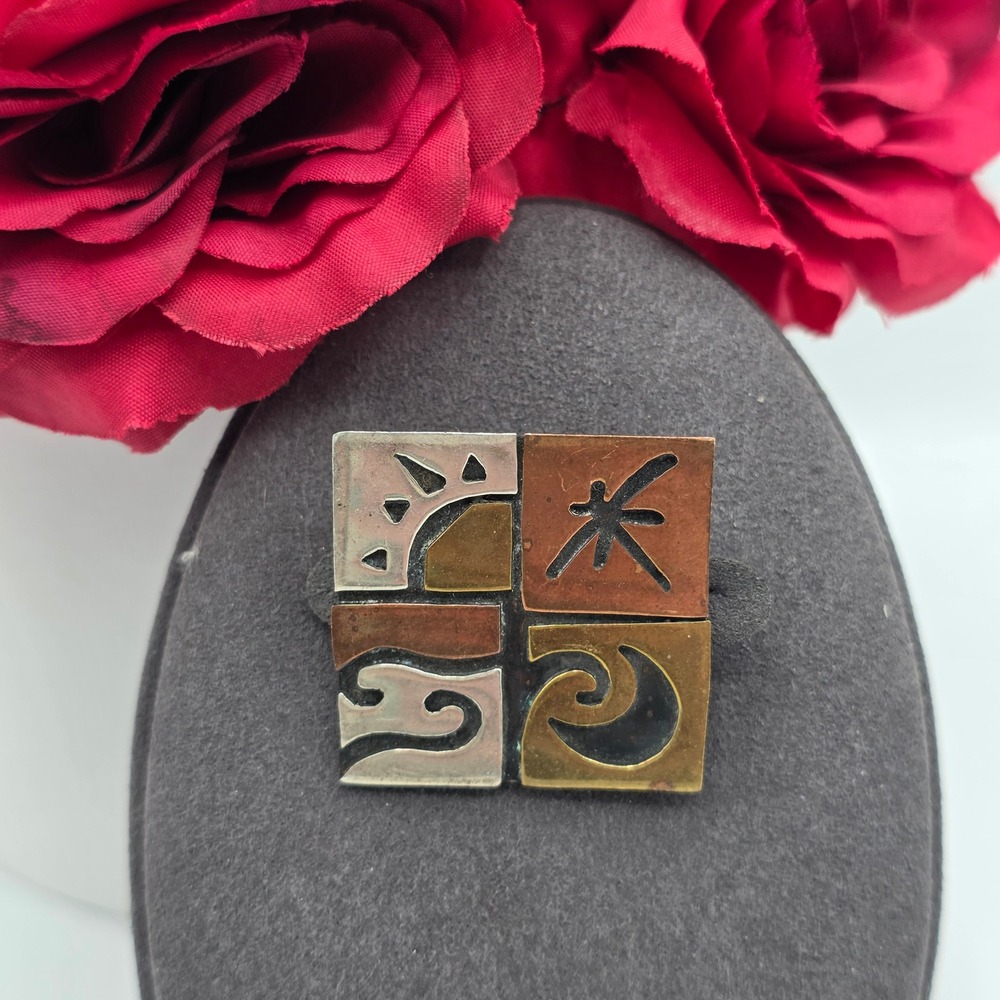 Far Fetched Mixed Metal Sun Moon Waves Square Brooch Pin Mexico Artisan Brass